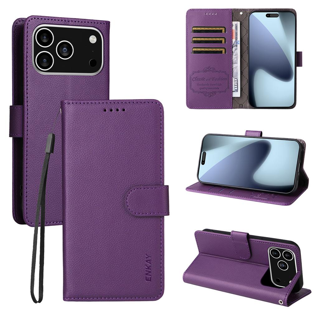 For iPhone 17 Pro Wallet Case with Strap RFID Blocking Leather Stand Phone Cover