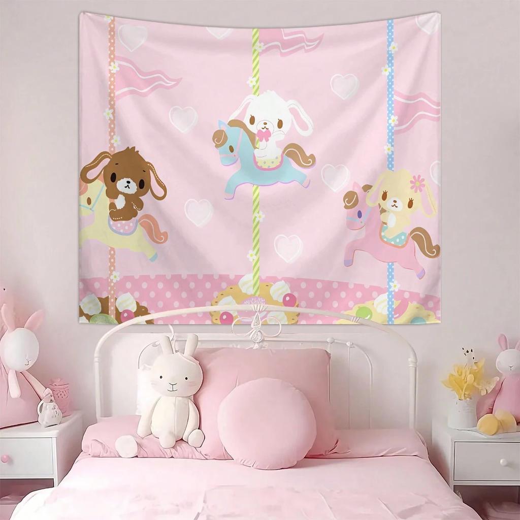 1Pc Kawaii Carousel Bunny Tapestry - Polyester 2D Print Pink Heart & Polka Dot Design, Perfect Wall Decor Gift For Bedroom, Livi