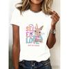European Size Women'S Funny Bunny Selfie Graphic T-Shirt  White Short Sleeve Round Neck Casual Tee with Cute Rabbit & "Say Cheese" Slogan