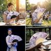 Chinese Style Silk Folding Fan Handmade Butterfly Pattern Handheld Fan with Tassel Cooling Retro Bamboo Fan Dance Performance