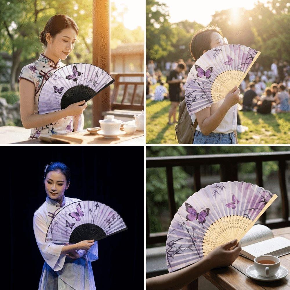 Chinese Style Silk Folding Fan Handmade Butterfly Pattern Handheld Fan with Tassel Cooling Retro Bamboo Fan Dance Performance