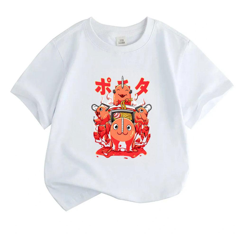 Kids Boys Girls 100% Cotton Crew Neck Short Sleeve T-Shirt, Cute Anime Pochita Ramen Cartoon Print Casual Soft Tee for Daily Playwear Summer Tops