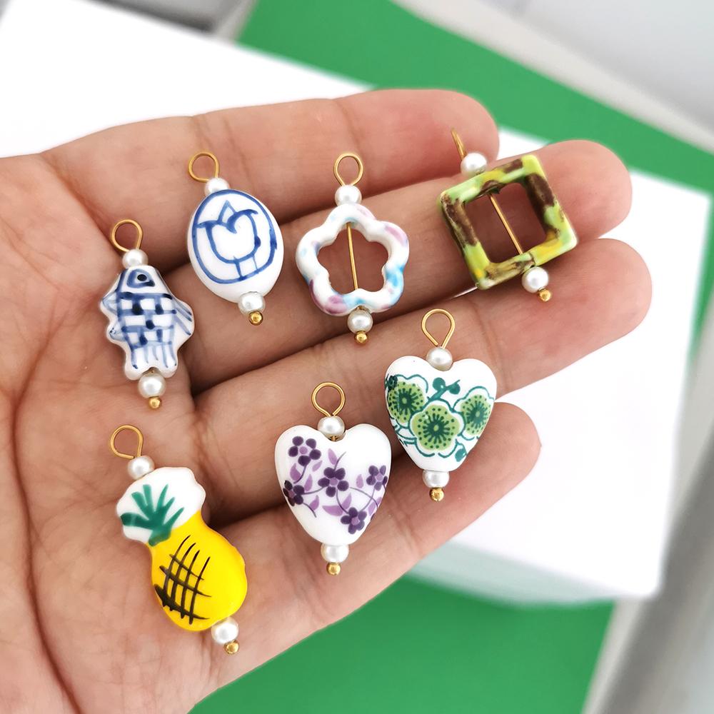 1pc Ceramics Pendant Charm Fish Heart Flower Conch Star Fruits Necklace Stainless Steel Geometric Imitation Pearl