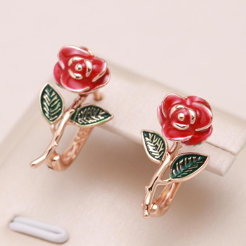 New Creative Rose Earrings For Women  Rose Gold Color Red Enamel Fashion Fine Jewelry Party Cute Vintage Drop Earrings