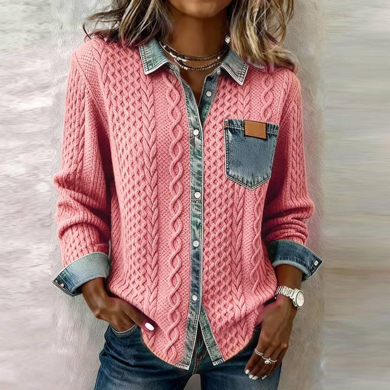 Women Denim Patchwork Knitted Sweater Turn-down Collar Button Top Cardigan Winter Long Sleeve Knitwear Shirt Outerwears Jackets
