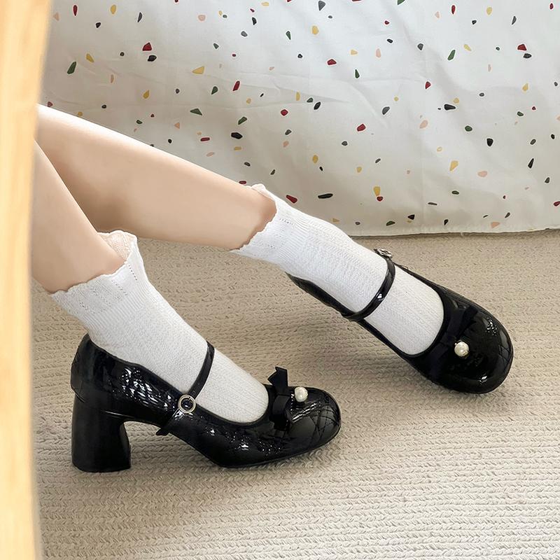 Fashion Spring New Coarse Heel Single Shoes Women Round Head Shallow Mouth Butterfly Knot Line with Anti-slip Wear-resistant High Heels