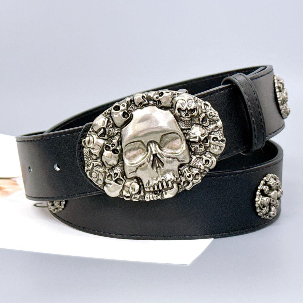 Cintura Nera in Pelle Punk Teschio Stile Strada Americano