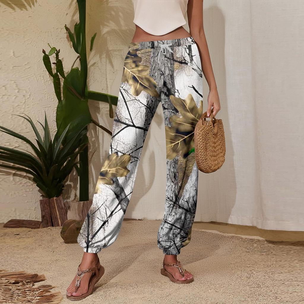 Damen Freizeithose mit Blätterdruck, Jogginghose mit Kordelzug, elastischem Bund und schmal zulaufendem Bein