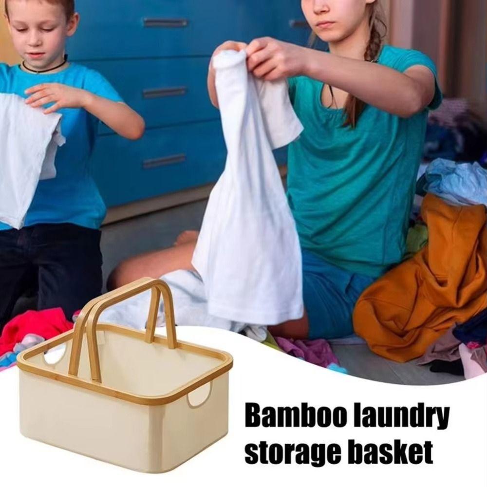 Bamboo Handle Laundry Storage Basket Oxford Cloth Closet Organizer  Home Bathroom