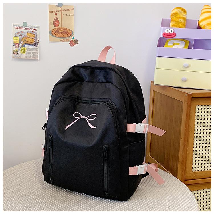 Basic Pink Nylon Student Backpack With Bow Design For School Use
