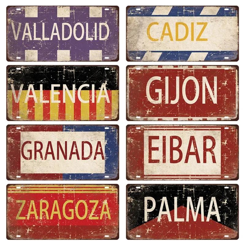 Spain City Metal Sign Licenses Plate Plaque Metal Vintage Tin Sign BARCELONA/MADRID/SEVILLE Flag Bar Pub Man Cave Club Poster