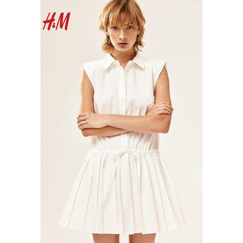 

HM Women s Dress 2024 Summer New Arrival Padded Shoulder Design Pleated Swing Dress Dress 1228860