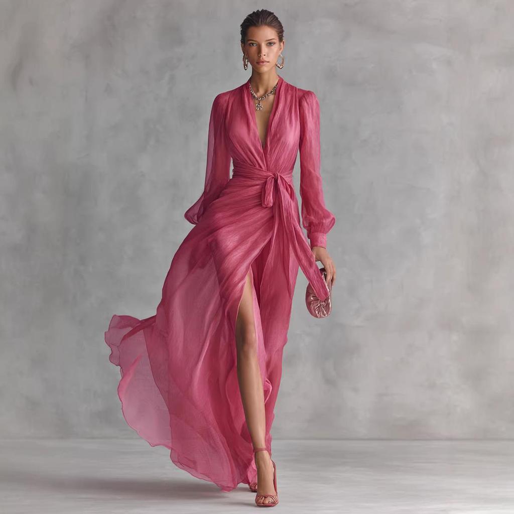 Spring 2026 Women's Elegant V-Neck Tie-Waist Chiffon Dress