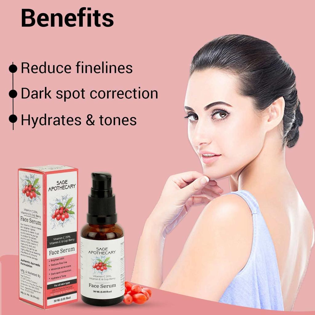 Sage Apothecary Face Serum Natural Vitamin C 20%, Vitamin E & Goji Berry,Increases Skin's Glow Instantly Reduces Spots Overtime Bright Serum Whit
