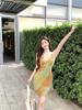 Retro Vacation Spaghetti Strap Deep V-Neck Color Block Slimming Dress
