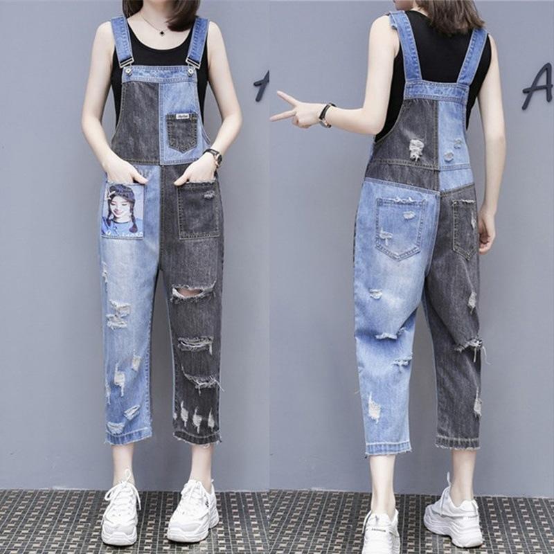 Mode Patchwork Denim Jumpsuits Kvinnlig Casual Hög Midja Hål Denimbyxor Kvinnor All Match Lös Casual Byxor