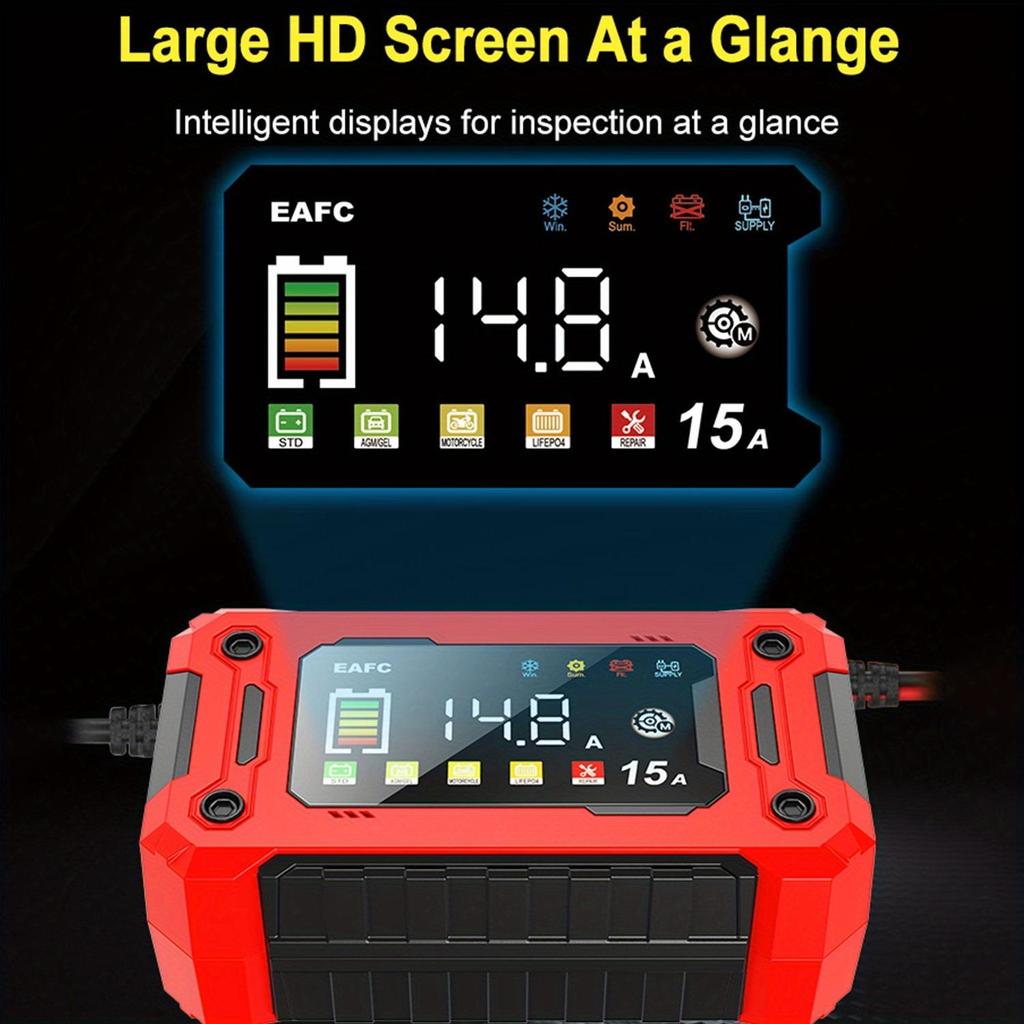 EAFC 12V 15A Smart Car Battery Charger, Color Screen Smart Fully Automatic Battery Charger Maintainer Trickle Charger