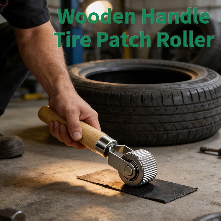 Ergonomic Wooden Grip Tire Stitcher Cold Patch Tire Repair Roller Tire Sealant Compaction Roller Metal Wheel Tire Stitcher 20mm