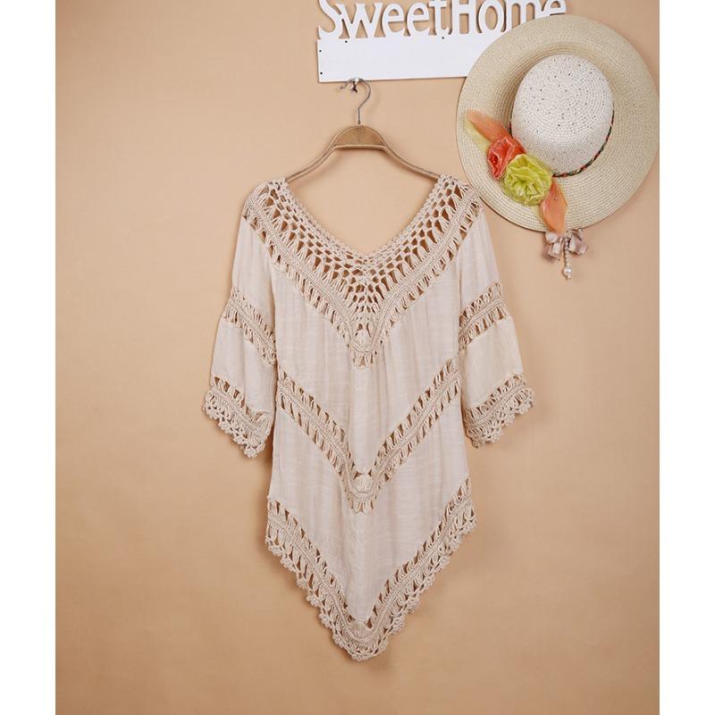 

Женское вязаное лоскутное ажурное платье-накидка, купальник, пляжная накидка, пляжная юбка One Size абрикосовый