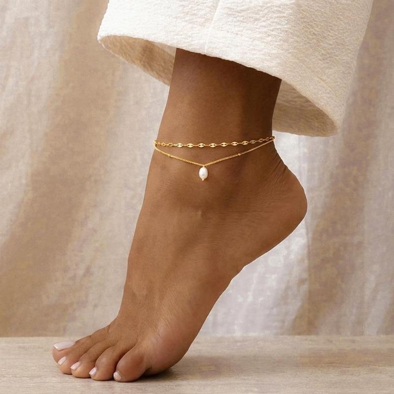 Ankle Bracelets for Women Girls 14K Gold Silver Plated Waterproof Boho Pearl Charm Beaded Foot Chain Dainty Summer Beach Jewelry