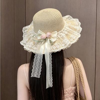 French Lace Lily Bow Straw Hat Women's Summer Big Brim Sun Hat Seaside Beach Vacation Sun Hat