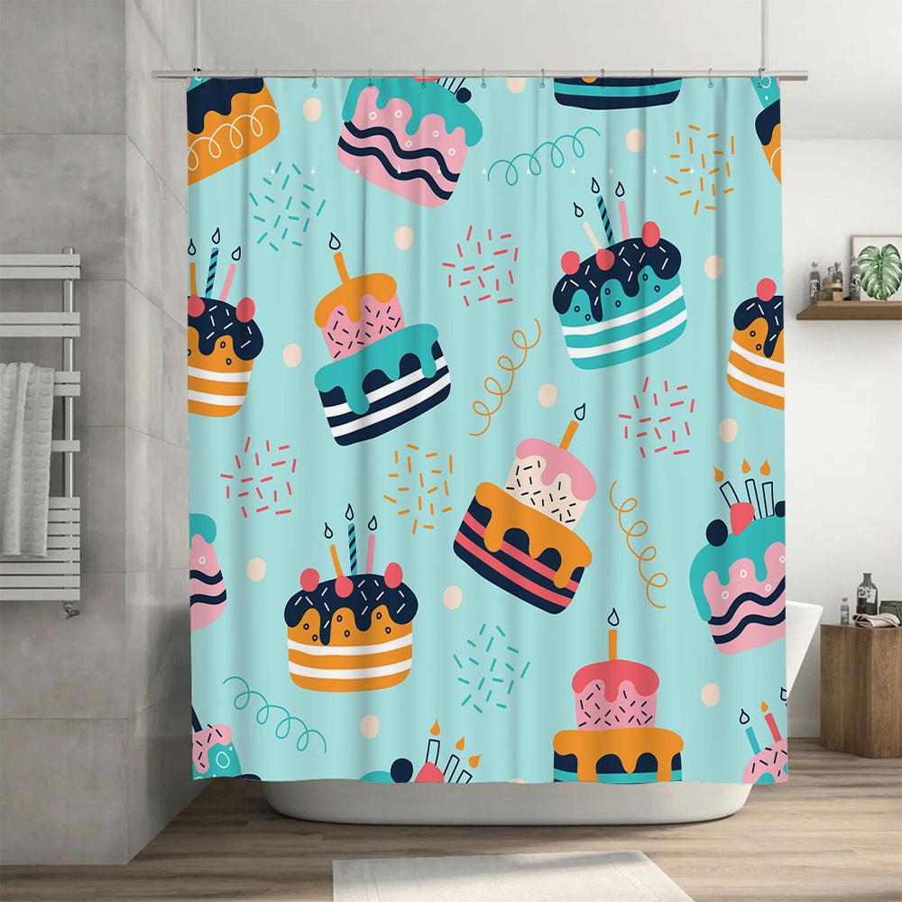 Charming Birthday Party Blue Waterproof Bathroom Shower Curtain With Cake Pattern Decoration Home Decor Accessories 72X84 Inches