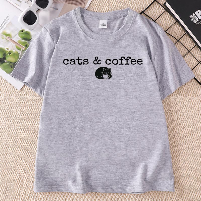 Cats and Coffee Lover Tee Unisex Funny Black Cat Tshirt Casual Round Neck Printed Graphic Tee Summer Cotton Shortsleeve Tee