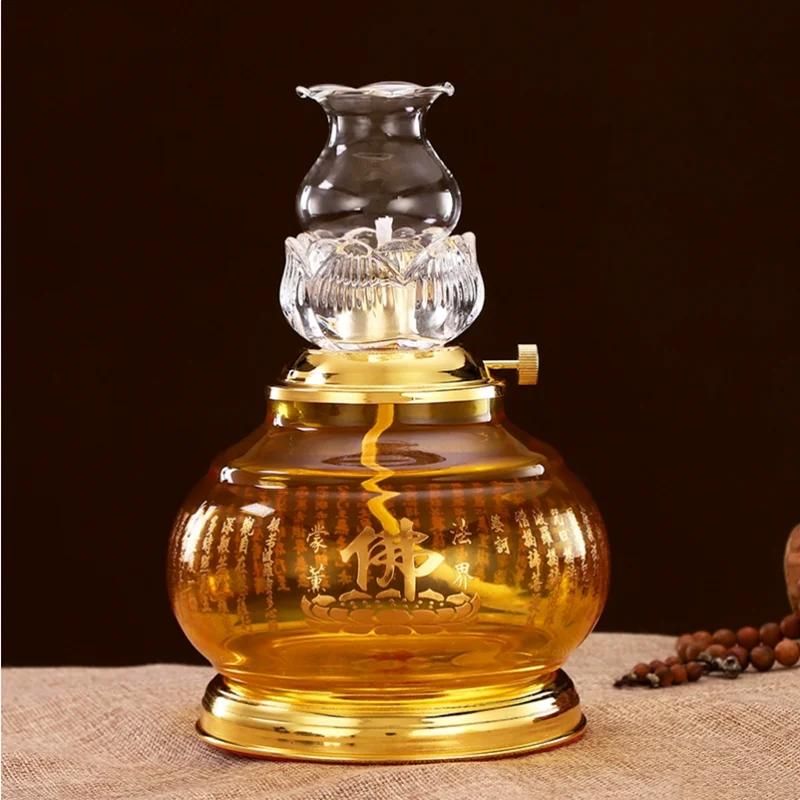 Buddha Offering Lamp, Transparent Glass Lotus Lamp, Buddha Heart Sutra Butter Lamp, Household Use, Prayer, Buddha Tools