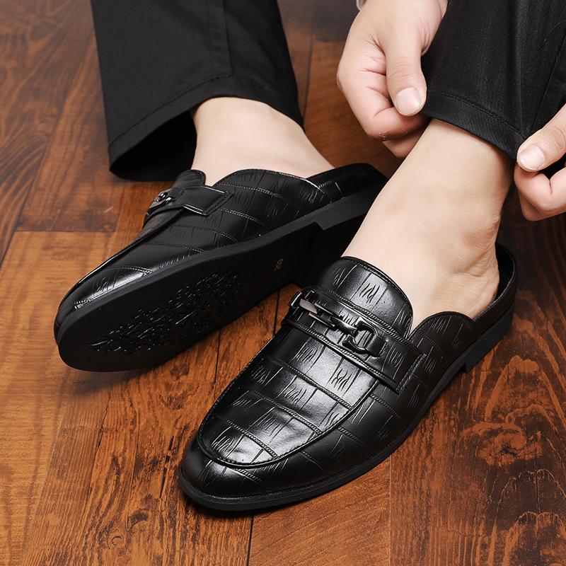 Loafers Summer Slip on Half Shoes for Men Leather Slippers Casual Breathable Comfy Loafers Moccasins Black