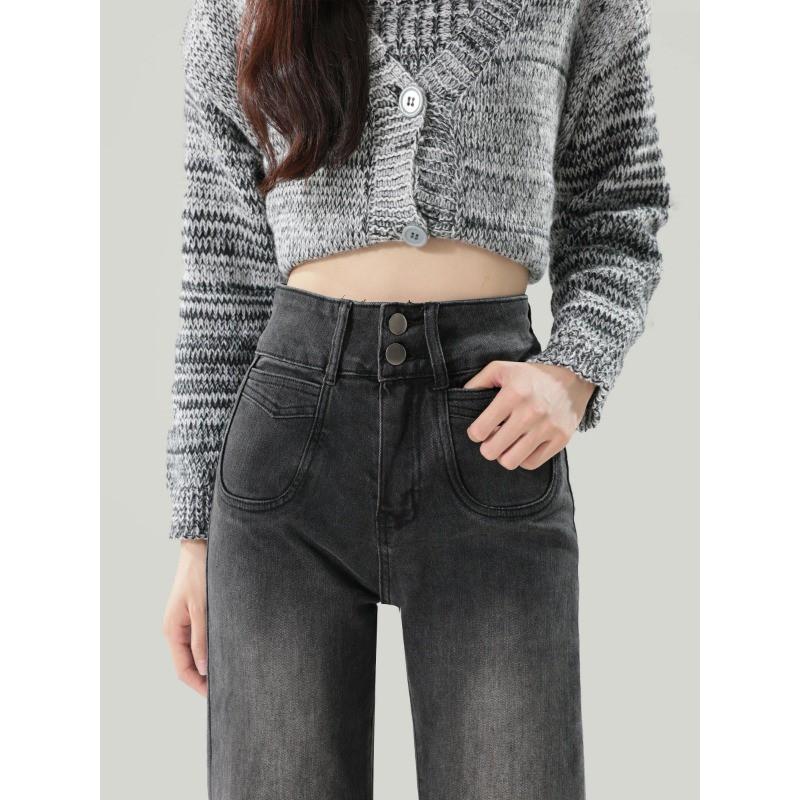 High Waist Flared Jeans Women Slim Fit Stretch Denim Pants Black Grey Vintage Blue Winter