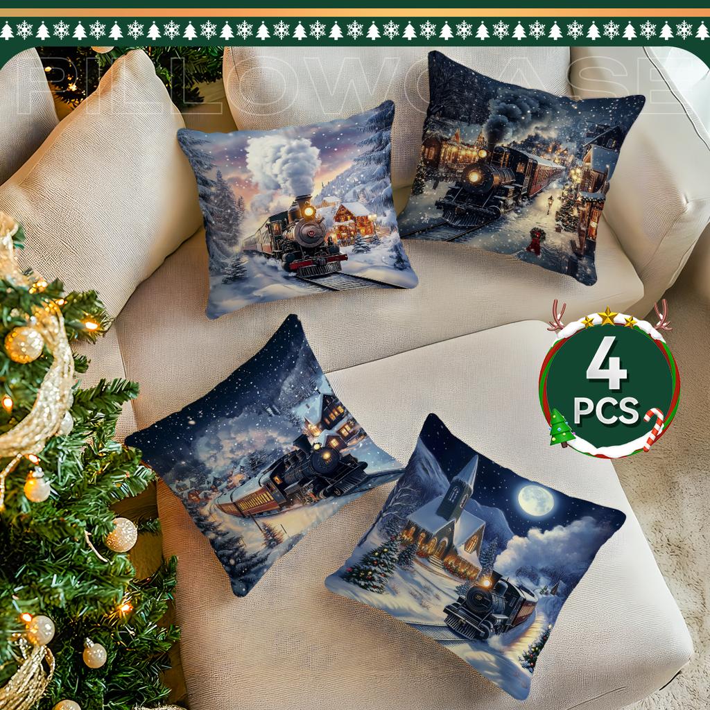 Christmas Village Train Pillowcase Printed Polyester 40/45/50Cm Throw Pillowcover Decorative Sofa Cushion Pillowslip Home Decor
