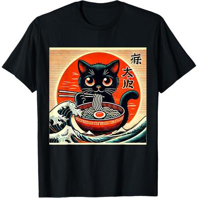 Cat Ramen Japanese Funny Graphic Tees Kawaii Cat Anime T-Shirt