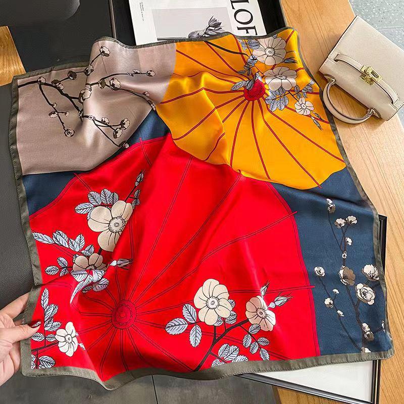High-End Women's Lightweight Silk Square Scarf - Temperament Print Neckerchief for Neck Protection and Decoration.