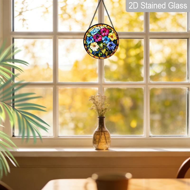 2D Flat, 1pc Morning Glory Round 7.87in Glass Suncatcher, Multicolor Morning Glory Floral Print Window Hanging Ornament, Climbing Flower Home Decor