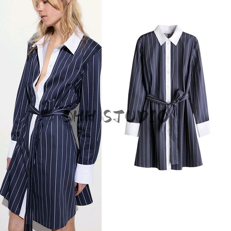 Spring and Summer New Women's Clothing Fold Collar Micro Drop-Shoulder Long-Sleeve Waist Belt Shirt Style Dress 1282331