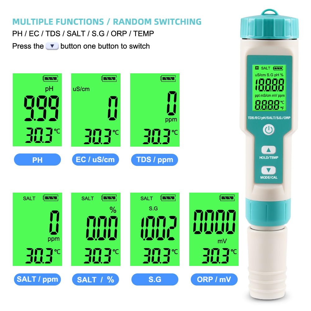 pH Meter for Water 7 in 1 PH/TDS/EC/Salt/S.G/ORP/Temp Meter,pH Tester Digital Backlit Waterproof LCD,TDS Meter EC Meter PPM Meter Suitable for Pools,