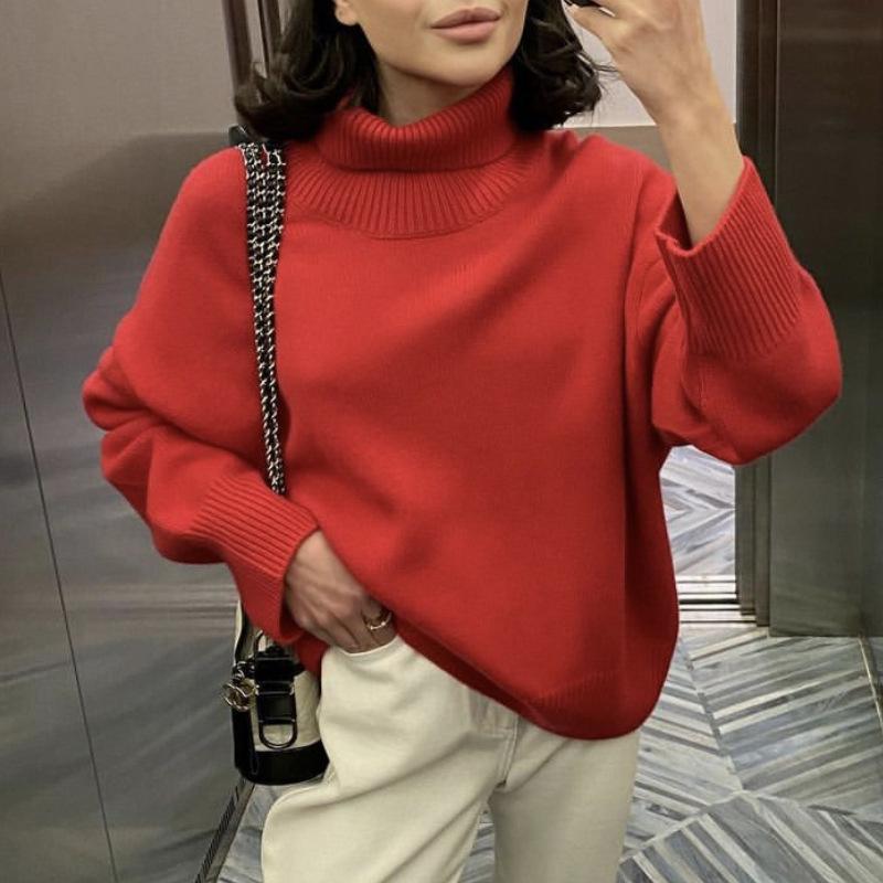 Russia Hot Sale Solid Color Women's Knitted Pullover Turtleneck Loose 066