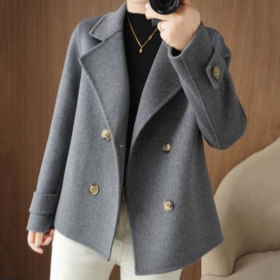 Women Jacket Lapel Solid Color Double-breasted Woolen Coat Short Type Loose Thermal Long Sleeved Commuting Dating Spring Fall Winter Coat