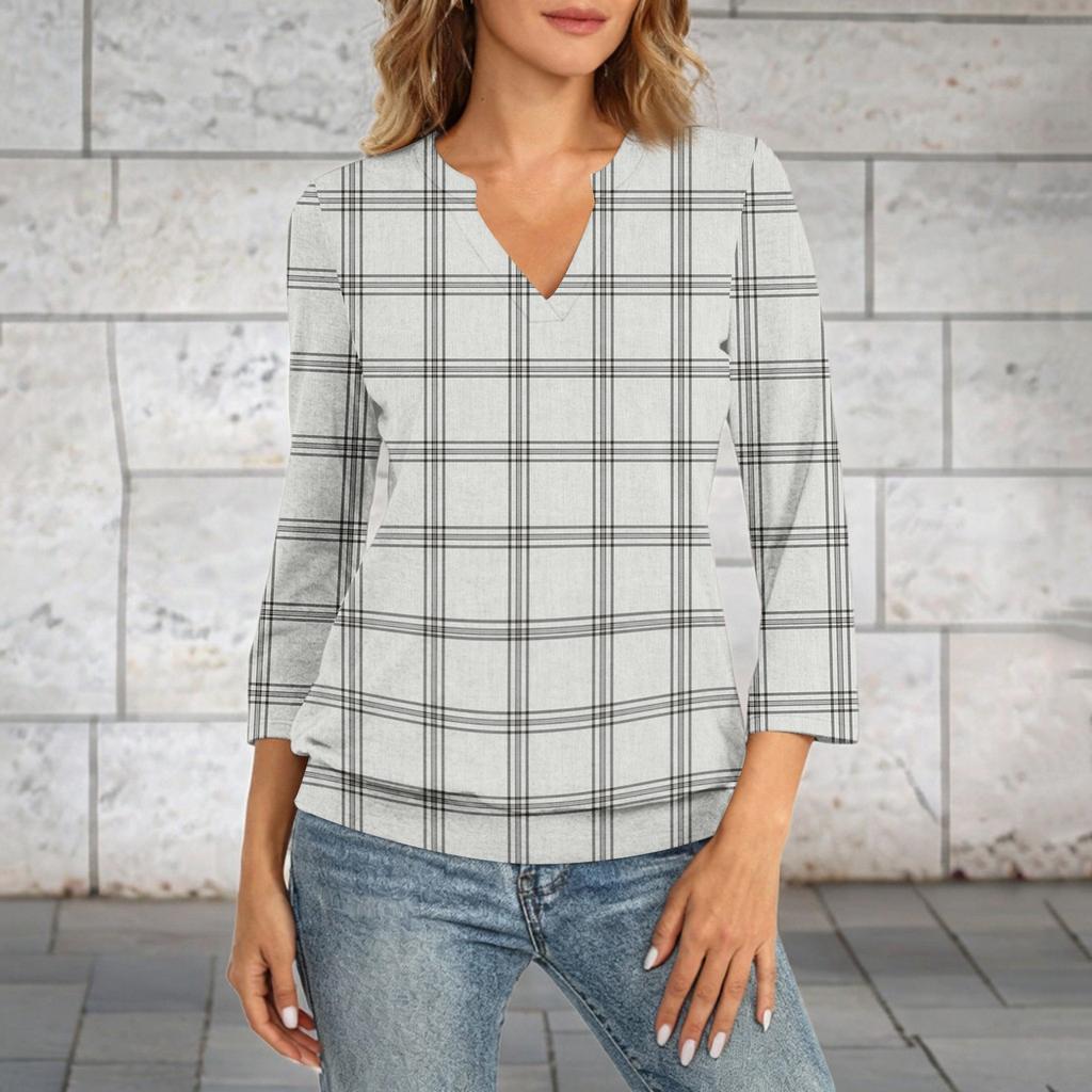 Women's 3/4 Sleeve Top Neck Hem V,Neck Summer Casual ,Shirt Plaid Printed Top