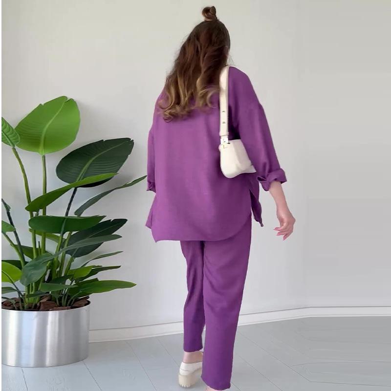 Conjunto Feminino Casual de Outono 2024 de Jaqueta Camisa de Cor Sólida e Calças Compridas