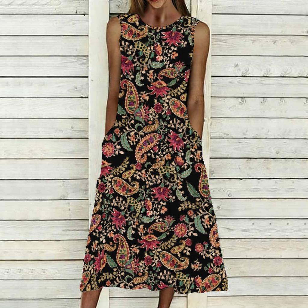 Women Plus Size Sleeveless Crew Neck Dress Watercolor Floral Printed Loose Midi Dress For Vacation Daily Wear