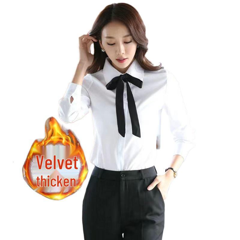 Fleece-Lined White Long-Sleeve Shirt for Women - Korean Slim Fit, Warm and Thickened for Autumn/Winter.
