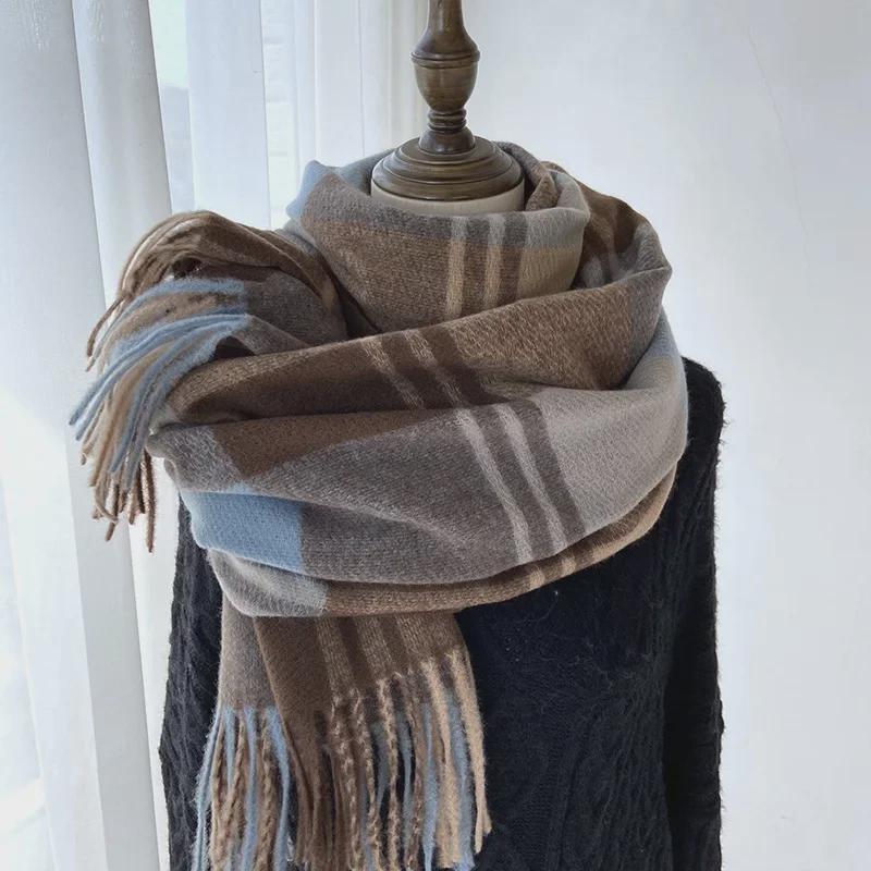 2024 Women's Winter Plaid Tassel Shawl - Korean-Style Thick Warm Imitation Cashmere Scarf for Students and Couples