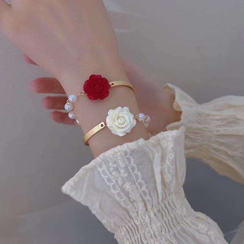 Korean Style Red Rose Imitation Pearl Bracelet For Women Luxury Zircon Flower Butterfly Adjustable Cuff Bracelet Wedding Jewelry