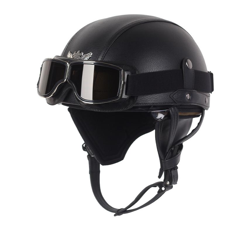 Casque Moto Ouvert Vintage Style Rétro - Avec Lunettes Intégrées - Homologué ECE - Taille S à XL - Cuir PU