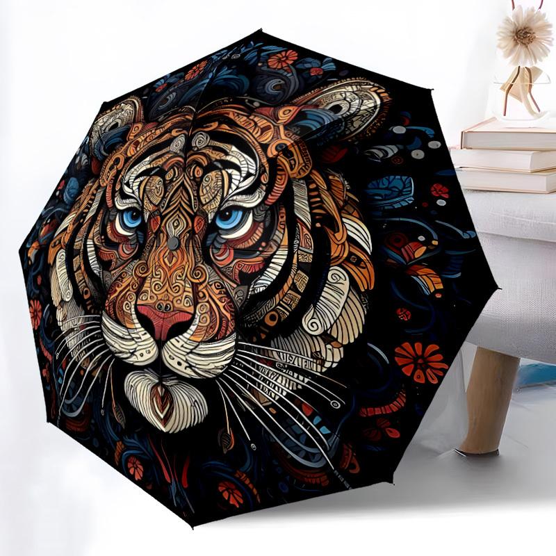 1pc Tiger Mandala Automatic Open/close Folding Compact Umbrella, 8-Rib Sturdy Canopy, Lightweight Portable, Everyday Use, Gift, Outdoor Umbrella, Trav
