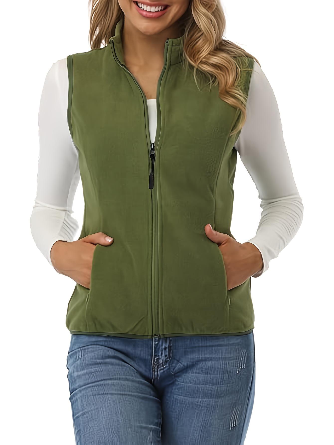 

Plus Size Women s Fleece-Lined Sleeveless Vest with Double Zipper Pockets - Extra Large 2XL армия зеленый