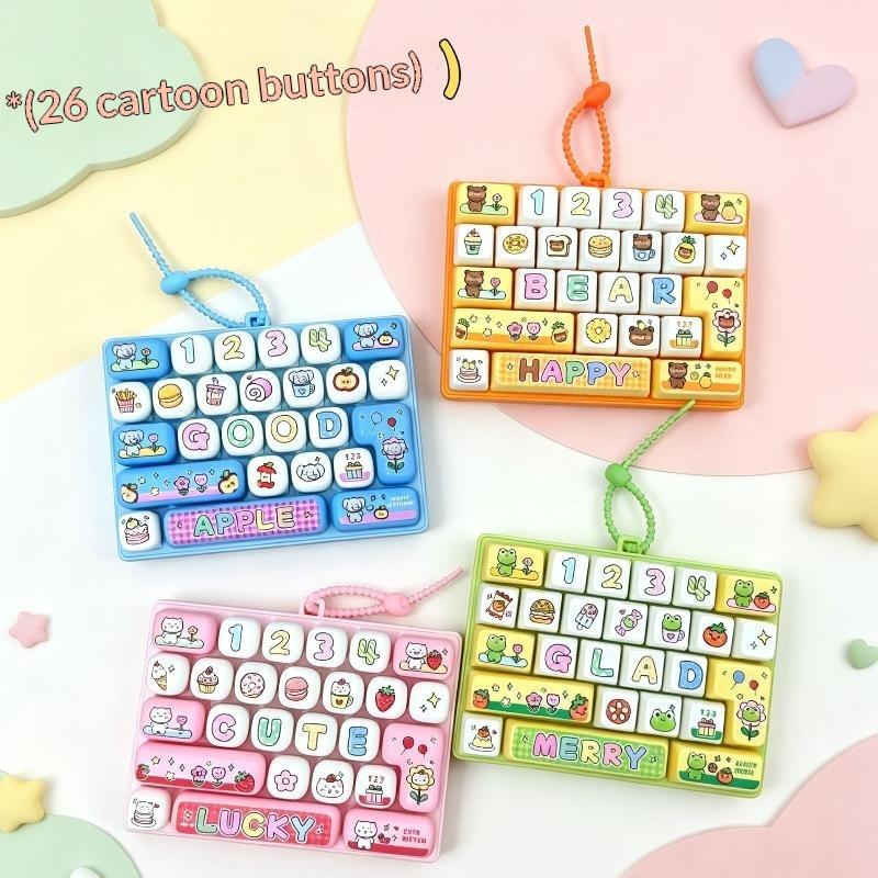 Mini Fidget Keyboard Keychain Cartoon 26 Fun Pattern Buttons Portable Lanyard Stress Relief Toy for Travel Bag Decoration
