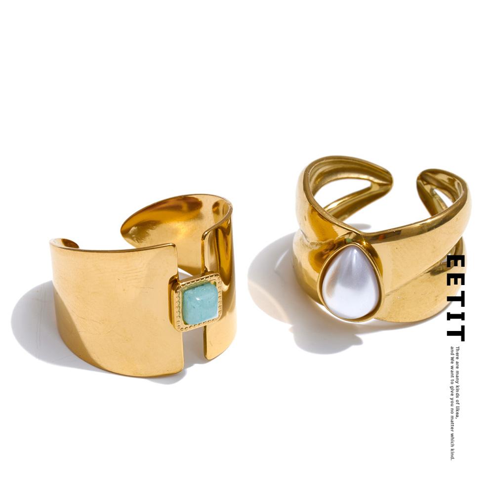 Eetit Natural Amazon Stone Pearl Open Golden Cast Ring for Women Glossy Stainless Steel Charm Jewelry Tarnish Resistant