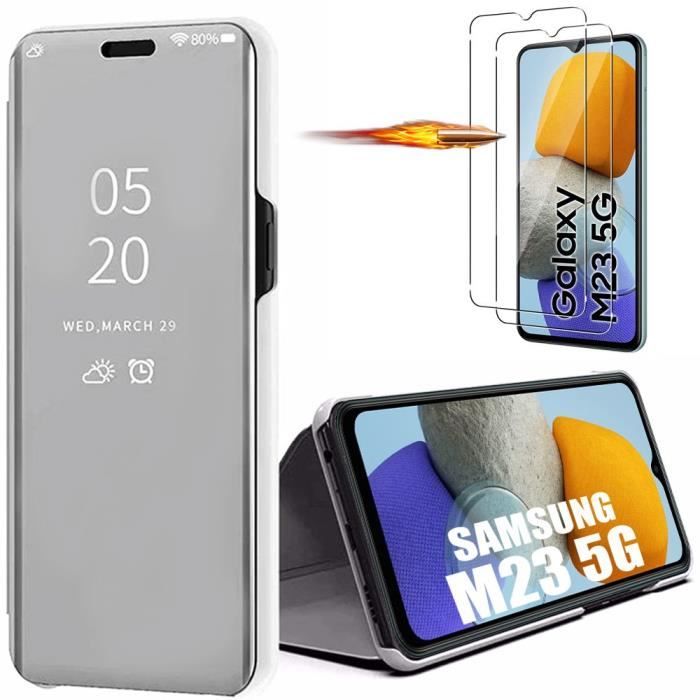 Coque pour Samsung Galaxy M23 5G avec 2 Verres Trempés Protection Effet Mirroir Smart Case Argenté